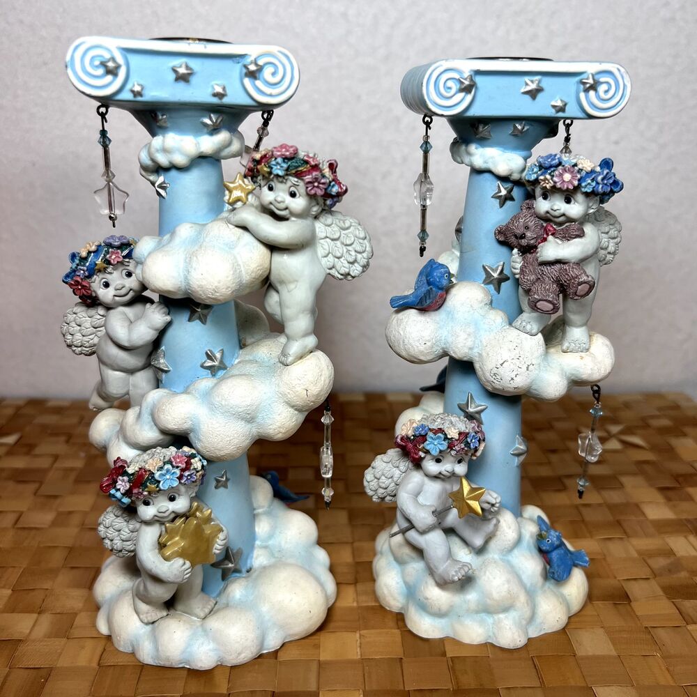 DREAMSICLES 7”Cherubs Candlesticks X2 BY DANBURY MINT Baby Blue w/ Stars Clouds